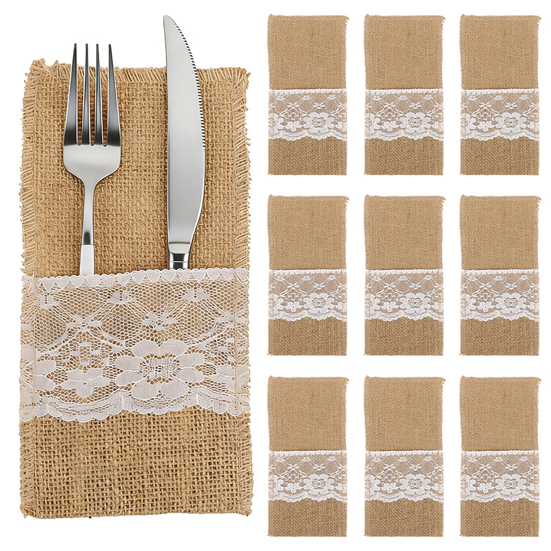 Wedding Supply Rentals - 10/20/30pcs Burlap Cutlery Coverwith White Lace